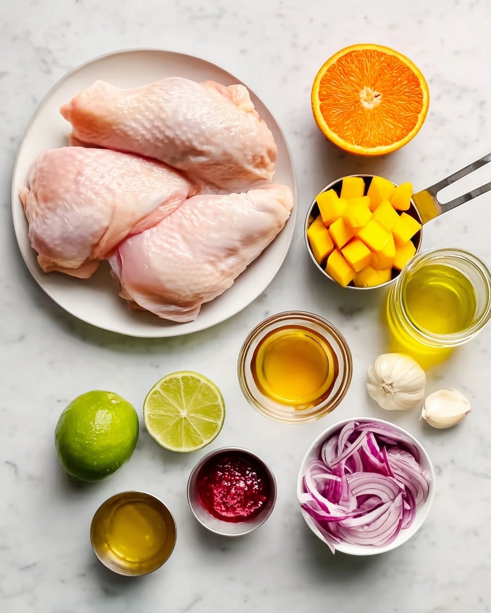 The image shows a flat lay of raw ingredients on a white marbled surface, including two large pieces of pale pink raw chicken on a white plate in the bottom left corner; nearby, two halves of a green lime sit side by side. Above them, there is a halved bright orange orange, showing its juicy inside. To the right of the orange, a metal measuring cup holds several small, cut yellow mango pieces. Below the mango, another smaller metal measuring cup is empty. Below the lime halves, a small glass container holds golden honey or syrup. Above the honey, a small glass bowl contains a chunky red sauce, while a glass jar filled with yellow liquid, likely oil, is positioned to its right. On the right side, a small white cup holds chopped red onions, and a single peeled garlic clove lies between the onions and chicken. The overall colors are fresh and vibrant with a clean arrangement photo taken with an iphone --ar 4:5 --v 7