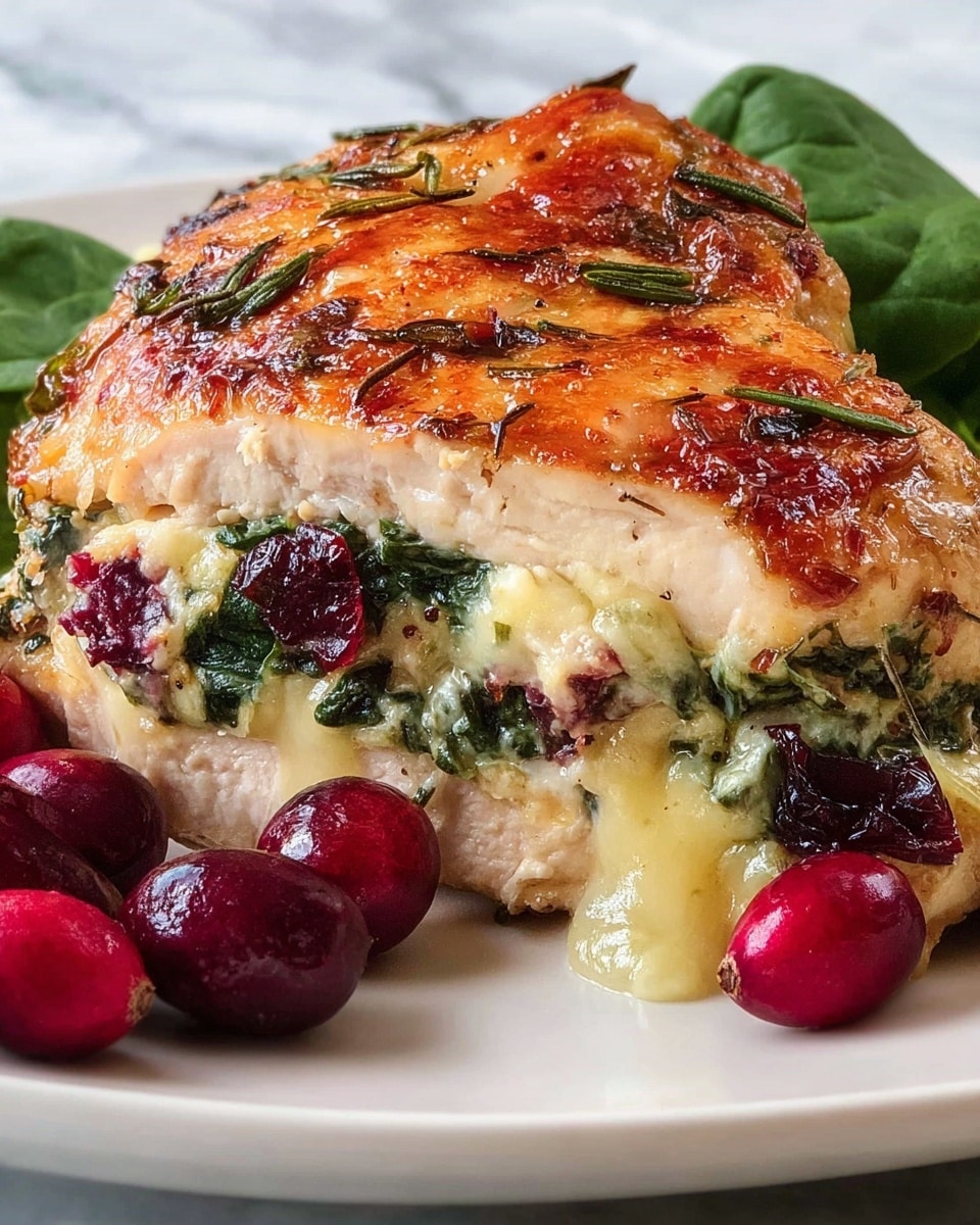 The image shows two cooked chicken pieces stuffed with bright green spinach and creamy melted cheese that oozes out slightly from the middle. The top layer of the chicken is golden brown and shiny with a glaze, sprinkled with small dark pepper flakes and topped with bright red cranberries and chopped green herbs. The chicken sits in a black skillet with some scattered cranberries around it. The overall texture of the chicken is moist and tender with a rich, colorful mix of green, red, and golden shades. photo taken with an iphone --ar 4:5 --v 7
