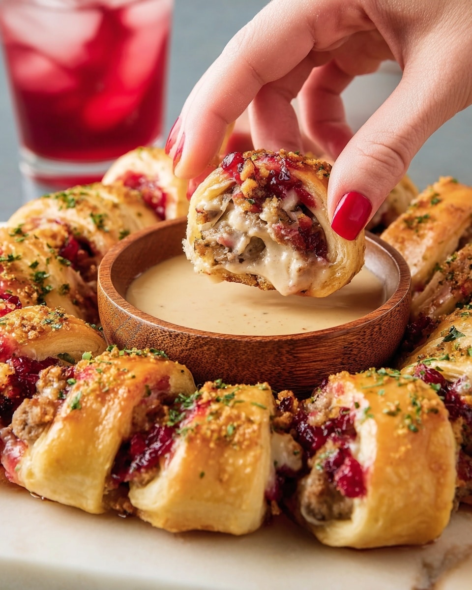 A circular arrangement of crescent rolls stuffed with layers of cooked white meat, crumbly brown sausage, and bright red cranberry sauce, all wrapped in golden-baked pastry sprinkled lightly with green herbs. A woman's hand with red nail polish is dipping one stuffed roll into a small round wooden bowl filled with creamy beige dipping sauce. The food is on a white marbled surface with a blurred background showing a glass filled with ice and red drink. photo taken with an iphone --ar 4:5 --v 7