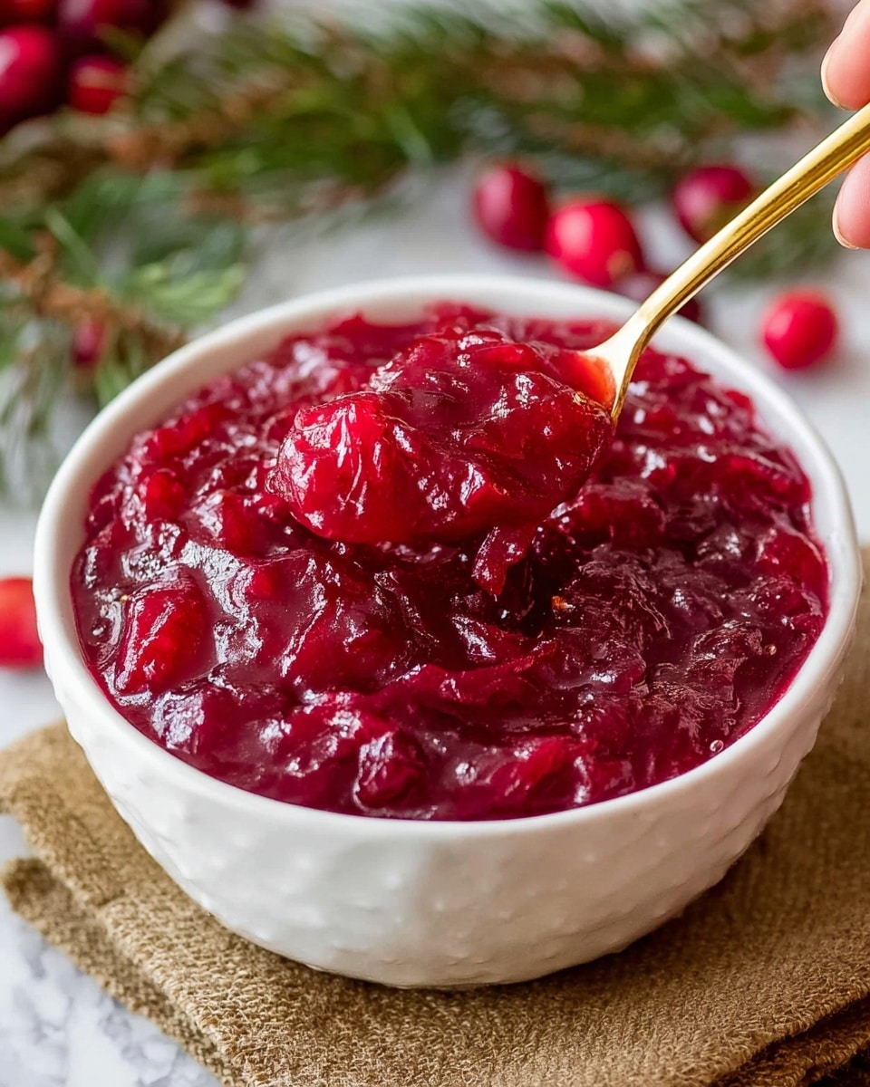 A white bowl filled with thick, bright red cranberry sauce showing a chunky and sticky texture, with visible pieces of cranberries mixed throughout. A golden spoon is scooping some of the sauce from the bowl, held by a woman's hand. The bowl sits on a rough brown cloth, and the background has some sprigs of greenery and whole cranberries blurred out on a white marbled surface. photo taken with an iphone --ar 4:5 --v 7