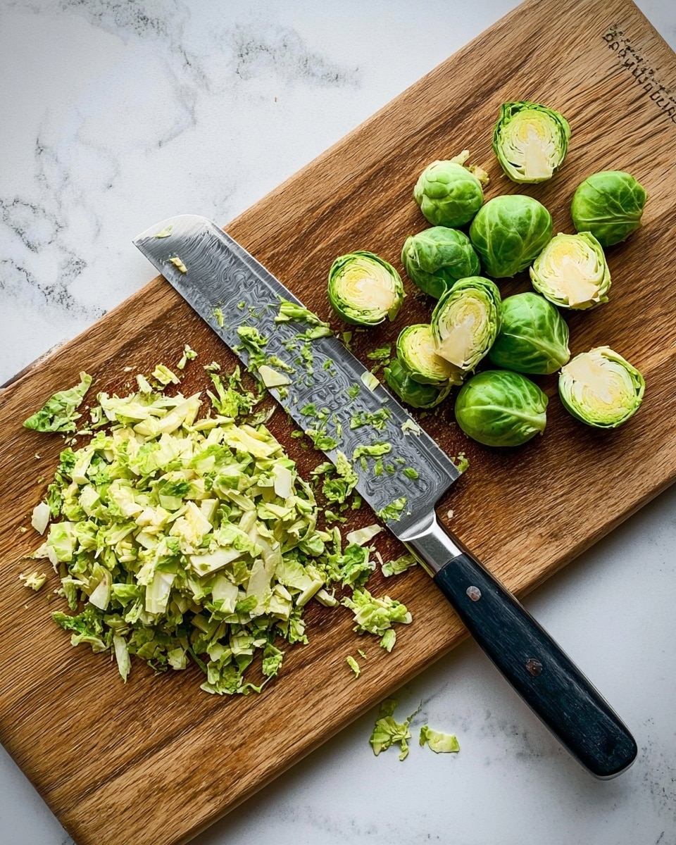 The image shows a wooden cutting board with a pile of small, chopped light green Brussels sprouts on the left side, and whole and halved Brussels sprouts arranged on the right side. A large, sharp knife with a black handle and shiny silver blade rests diagonally across the board, with bits of Brussels sprouts stuck to the blade. The background is a white marbled surface. photo taken with an iphone --ar 4:5 --v 7