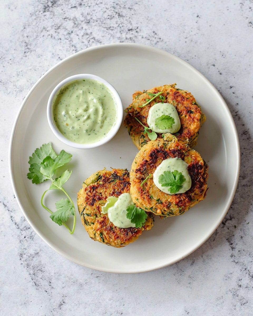Three small golden brown patties with green herbs mixed inside sit on a white plate on a white marbled surface. Each patty has a dollop of pale green creamy sauce with visible herb bits on top, garnished with a single small green leaf. A small white bowl filled with the same green sauce is placed on the plate near the patties. Two fresh green cilantro leaves are placed on the plate beside the patties. The photo taken with an iphone --ar 4:5 --v 7