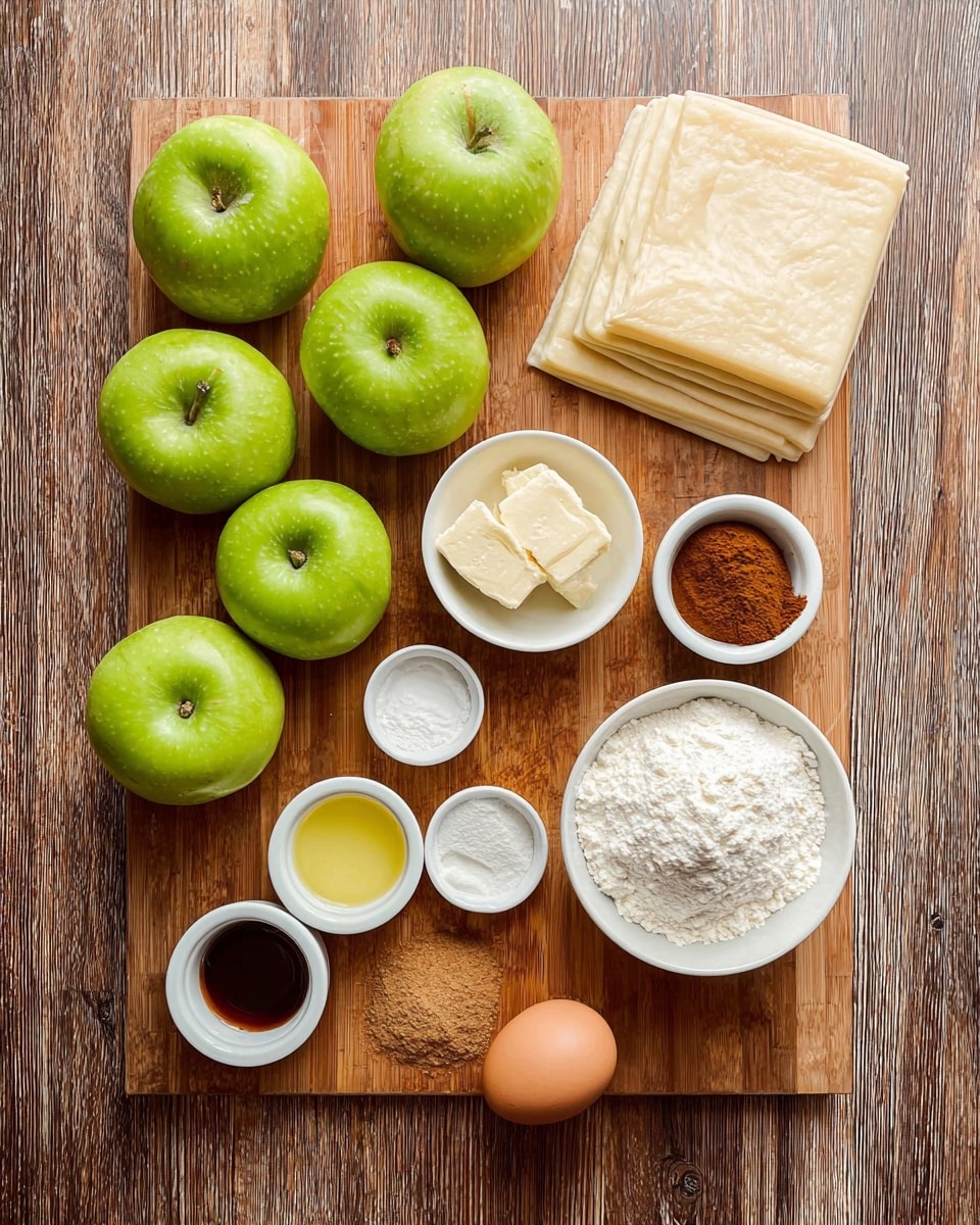 The image shows a wooden cutting board with several ingredients neatly arranged. On the left, there are four bright green apples, slightly shiny and fresh. To the right of the apples, there is a small white bowl filled with white powder, possibly flour or sugar, along with a few smaller white bowls containing various powders and liquids: a yellow liquid, brown powder, white powder, and a small amount of dark brown liquid. At the top right, there is a folded stack of beige dough sheets. Near the bottom right, a single brown egg sits on the board. The whole scene is set on a wood-textured surface. photo taken with an iphone --ar 4:5 --v 7