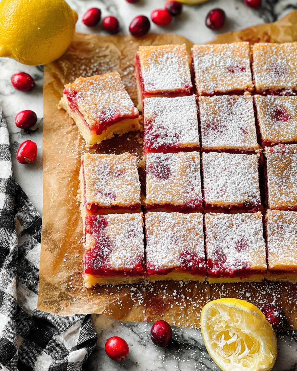 A square lemon bar dessert cut into 16 equal small square pieces is shown on parchment paper. The top layer is light golden brown with a dusting of powdered sugar creating a soft white coating. Below this is a slightly sticky, bright reddish layer that looks like a berry or fruit filling. The base layer is a light golden crust that supports the dessert. Around the dessert on the parchment paper are fresh red cranberries and a halved squeezed lemon showing its yellow rough texture. The whole scene is set on a white marbled surface with a part of a black and white checkered cloth visible on one side. Photo taken with an iphone --ar 4:5 --v 7