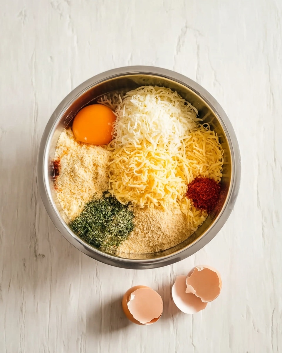 A metal bowl sits on a white marbled surface, filled with layers of ingredients: a single bright orange egg yolk on the left, white shredded cheese next to it, two mounds of yellow shredded cheese on the upper right, a heap of light brown breadcrumbs covering the right side, and small piles of green dried herbs, light brown seasoning, and red paprika powder in the middle. Below the bowl, two broken egg shells rest on the surface. photo taken with an iphone --ar 4:5 --v 7