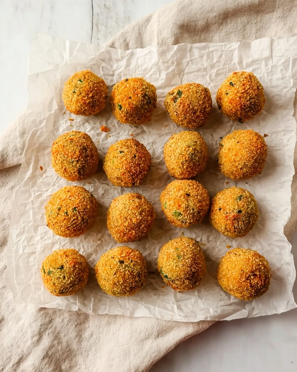There are 20 round, golden-brown balls arranged in 5 rows and 4 columns on crinkled white parchment paper. Each ball has a crunchy texture with small green and orange bits visible inside, suggesting herbs and vegetables. The parchment paper lies on a soft, off-white cloth, and all is placed on a white marbled surface. The lighting is bright and natural, showing the crisp coating clearly photo taken with an iphone --ar 4:5 --v 7