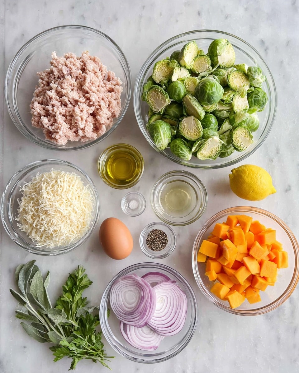 The image shows several clear glass bowls and small glass dishes arranged on a white marbled surface. The largest bowl on the left contains light pink ground meat with a soft texture. Next to it on the right is another large bowl filled with bright green Brussels sprouts that are halved, showing their leafy layers. To the right is a medium bowl holding bright orange cubed vegetables with smooth edges. In front of these, there is a small glass bowl with thin, curved slices of red onion showing white and purple layers. A small brown egg is placed near two bigger bowls near the bottom left with shredded white cheese in one and beige breadcrumbs in the other. Between the bowls are fresh herbs, some green parsley with thin stems and broader sage leaves with a soft texture. There is a small glass dish with clear oil and another smaller one with salt and black pepper mixed. A yellow lemon is placed in the middle. photo taken with an iphone --ar 4:5 --v 7