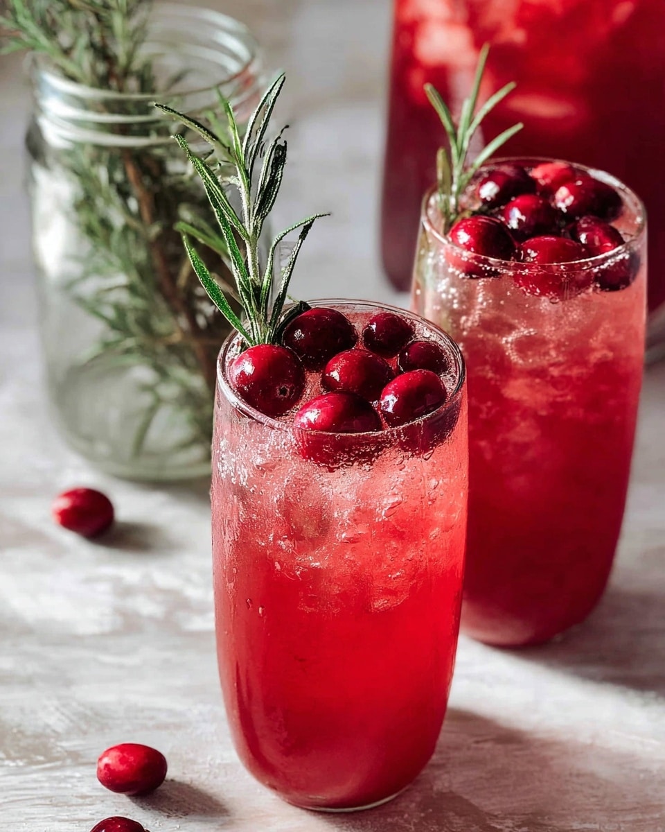Two tall clear glasses are filled with a bright red drink. Each glass is topped with a layer of whole red berries and a sprig of green rosemary placed vertically. The drink has a textured look from ice inside. In the background, there is a clear jar with green rosemary leaves and a large clear pitcher also filled with the same red drink. The scene sits on a white marbled surface. photo taken with an iphone --ar 4:5 --v 7