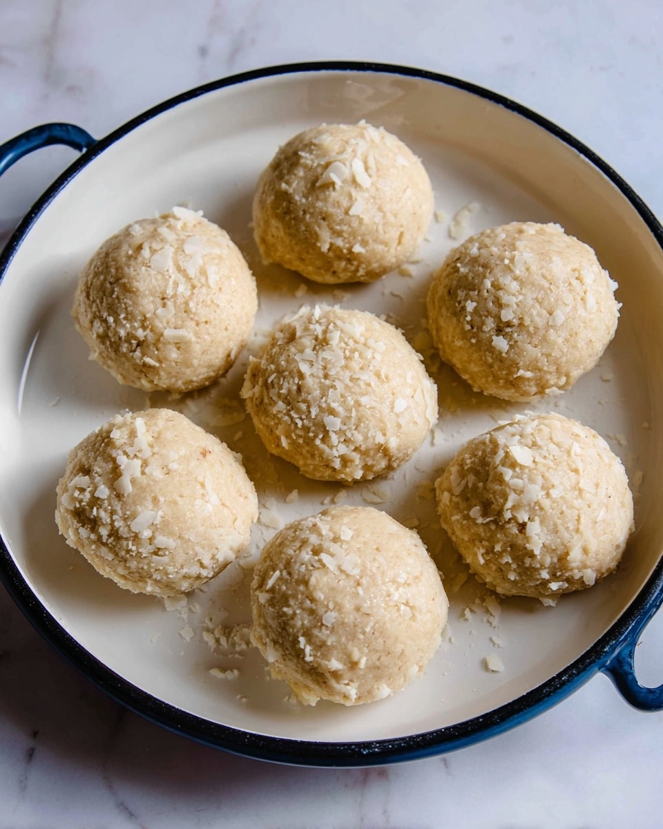 Seven small round dough balls with a rough texture are arranged evenly on a white plate with a black rim. The dough is pale beige with small white flakes visible on the surface, giving it a slightly crumbly appearance. The plate sits on a white marbled surface, and there is a soft natural light highlighting the texture of the dough. Photo taken with an iphone --ar 4:5 --v 7