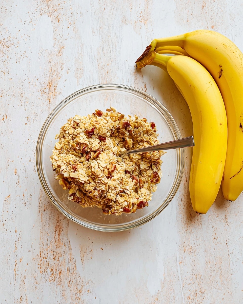 A clear glass bowl holds a mixture of oats and chopped pecans, with a soft, crumbled texture and light brown color, placed on a white marbled surface. A silver spoon rests inside the bowl on the right side, partially buried in the mixture. Next to the bowl on the upper right, there are three bright yellow bananas with a few brown spots on the peel, arranged close together with their stems facing left. The whole scene is set on a white marbled textured background with faint brown and black marks. photo taken with an iphone --ar 4:5 --v 7