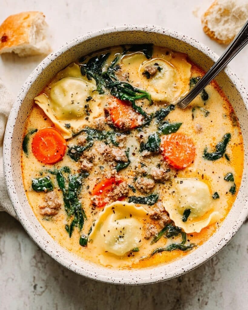 Creamy Ravioli Soup with Ground Turkey and Spinach Recipe