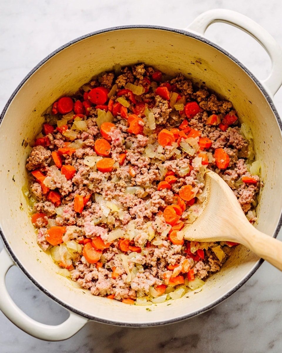 A white pot filled with a mix of light brown cooked ground meat and pieces of orange carrot slices scattered throughout. There are small pieces of pale yellow or translucent onion mixed in with the meat and carrots. A light brown wooden spoon is partially inside the pot, resting on the right side, stirring the ingredients. The pot is seen from above, placed on a white marbled surface. photo taken with an iphone --ar 4:5 --v 7