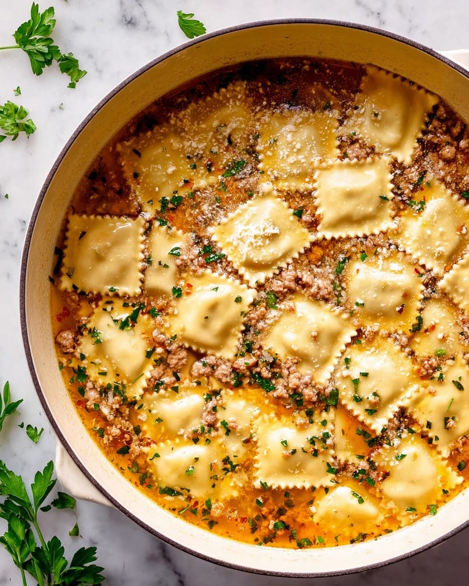 The image shows a large white pot filled with a light broth containing square ravioli pasta with crimped edges floating on top. There are small bits of minced cooked meat and chopped herbs scattered throughout the broth. The broth has an oily surface with a warm golden and light brown color, giving a rich look. The background is a white marbled surface with scattered green herb leaves around the pot. Photo taken with an iphone --ar 4:5 --v 7
