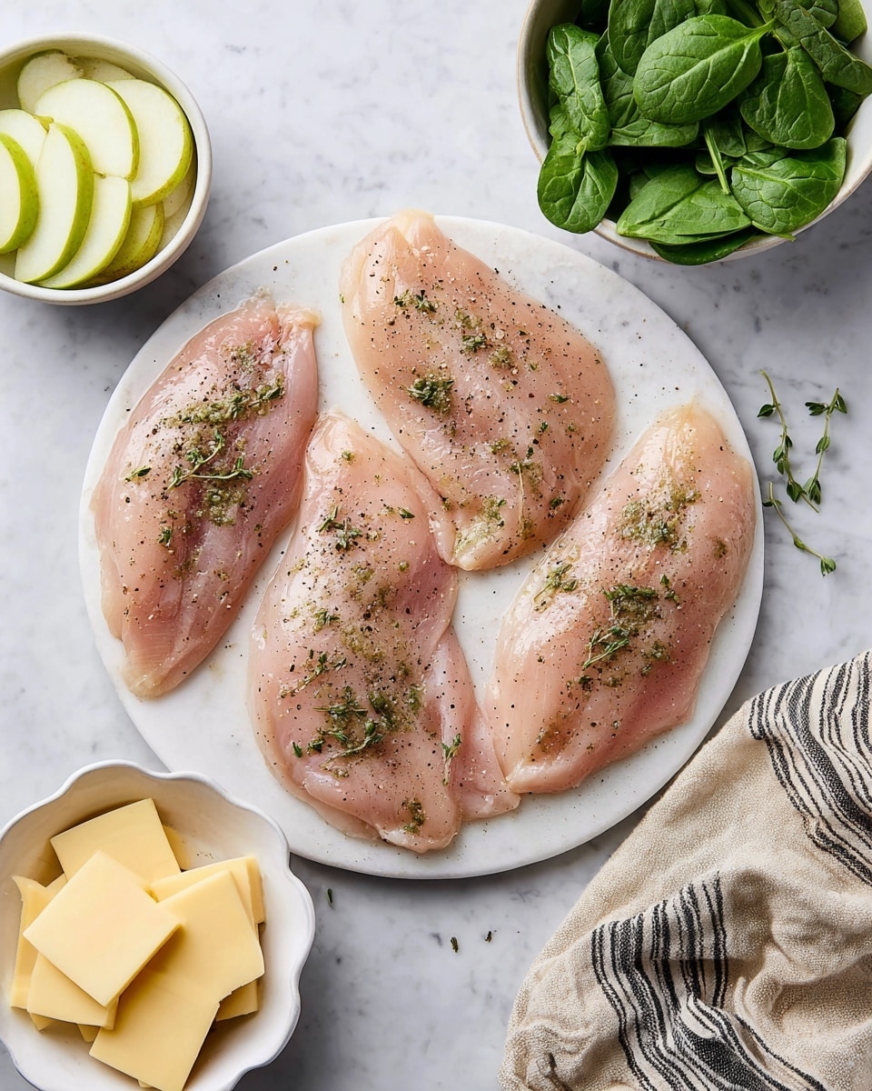 Four raw chicken fillets lie flat on a round white marble board, sprinkled with green herb leaves and a light dusting of black pepper. Above the board, there are two white bowls, one with thin slices of pale green apple and the other filled with fresh green spinach leaves. Below the board, a small white scalloped bowl holds several slices of creamy yellow cheese. To the right, a beige cloth with black stripes is partly visible on a white marble surface photo taken with an iphone --ar 4:5 --v 7