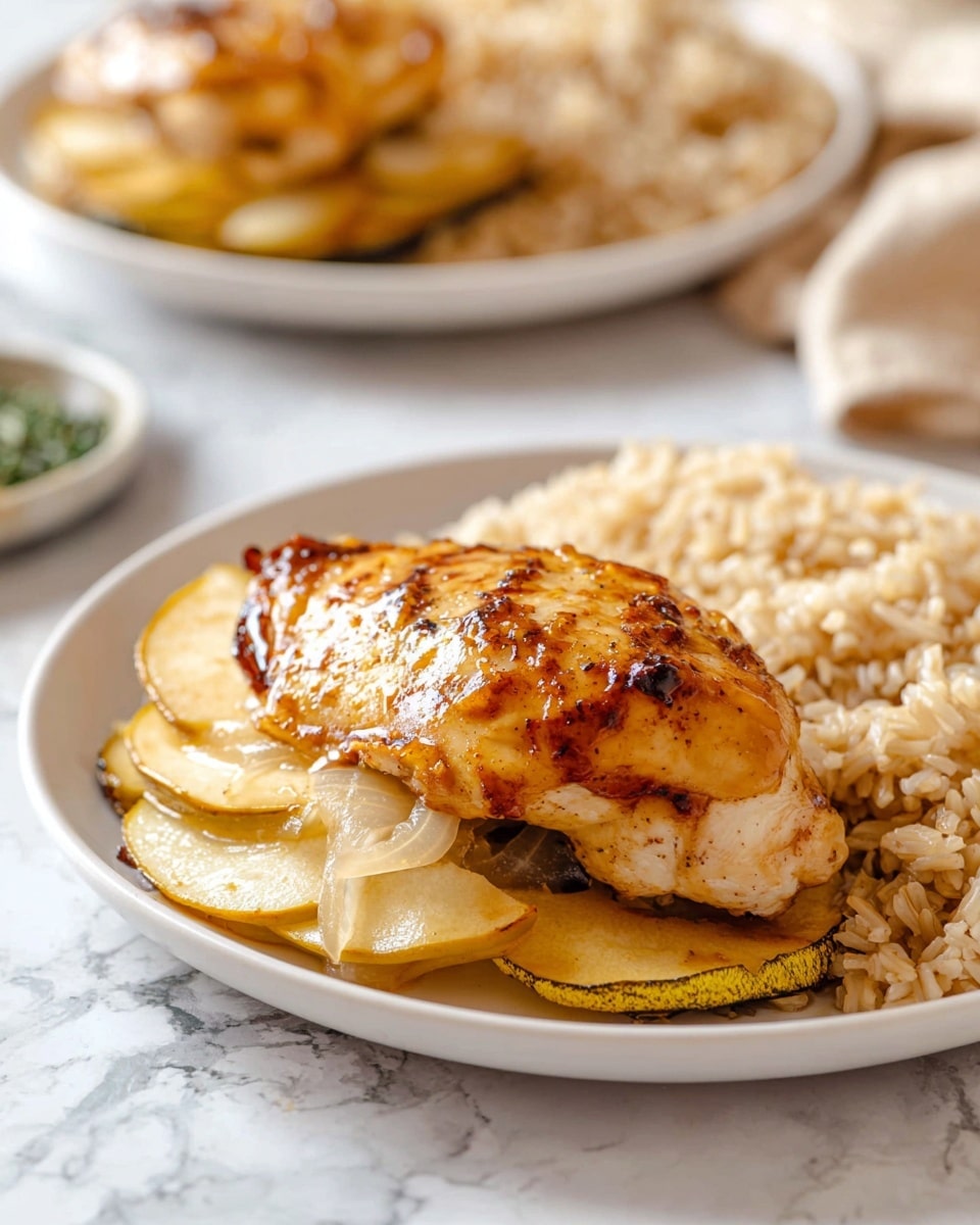 The image shows four golden brown chicken breasts cooking in a black pan filled with a light orange sauce. Each chicken breast looks thick and juicy, with some grill marks on the surface. Inside the chicken, there is a visible layer of white cheese and green spinach peeking out from folds in the meat. The sauce covers the bottom of the pan with a slightly oily texture. In the background, there is a white marbled surface with a white bowl holding slices of creamy white cheese, a green apple, and a striped cloth napkin. photo taken with an iphone --ar 4:5 --v 7