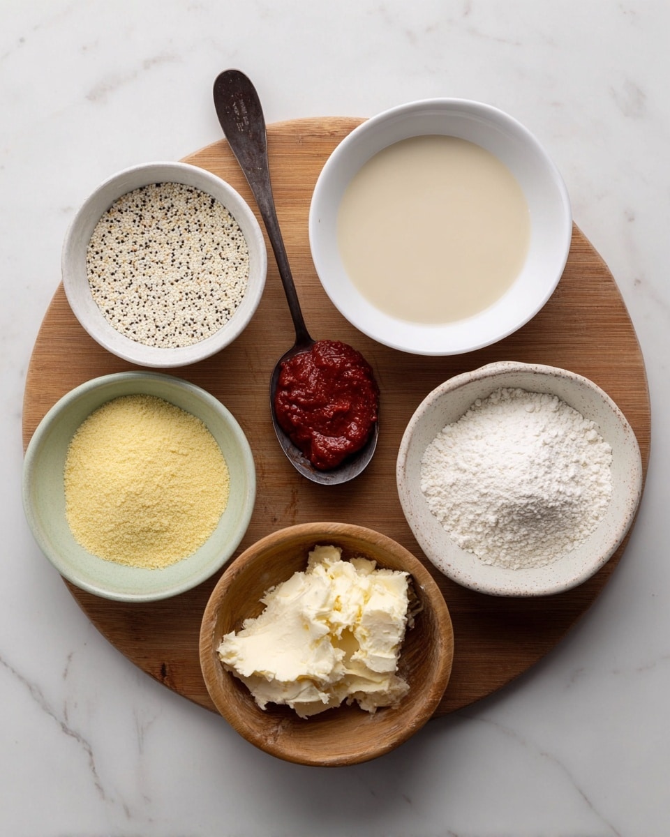 The image shows six different bowls and a spoon on a white marbled surface. There is a wooden board bottom half under all the bowls. A white bowl in the top right contains a light beige liquid. Next to it on the left is another white bowl holding a mix of white and black granules. Below these, there is a small light green bowl filled with yellow powder, a white bowl of white flour on the bottom right, and a wooden bowl on the bottom left with a mound of off-white butter. A dark metal spoon in the top left holds a thick red paste. All items are arranged neatly in a circle. Photo taken with an iphone --ar 4:5 --v 7