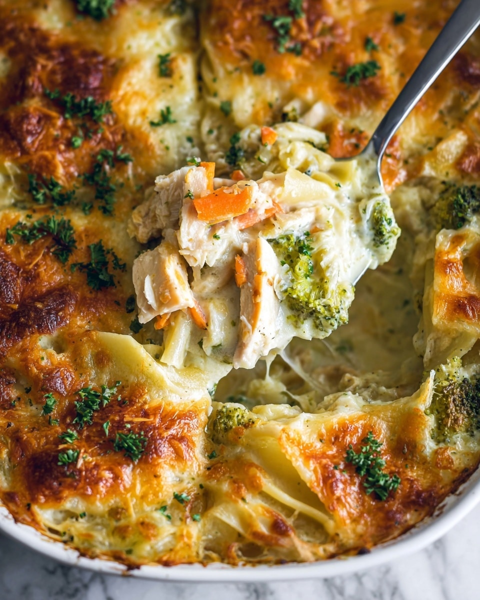 A close-up of a creamy baked dish showing three visible layers: the top layer is golden brown melted cheese with some slightly darker crispy spots and scattered green parsley leaves; under it is a creamy sauce layer mixed with small shredded orange carrot pieces and creamy light beige shredded chicken chunks; the bottom layer includes tender green broccoli florets and thicker pasta pieces, all inside a white dish. A metal spoon is scooping a portion, revealing the creamy texture and mixed ingredients inside. The scene is set on a white marbled surface. photo taken with an iphone --ar 4:5 --v 7