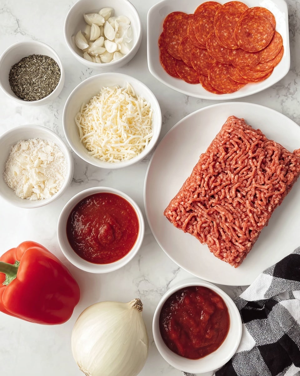 The image shows various pizza ingredients neatly arranged on a white marbled surface. In the center right, a white plate holds a thick, rectangular layer of raw ground meat with a reddish-brown color and a textured surface. Surrounding this are several white bowls, each with a different ingredient: the top left bowl contains minced garlic, below it a herb mix, then grated cheese with a light yellow shade, and pepperoni slices with a shiny reddish-orange look in the middle right. A bright red bell pepper sits next to a small bowl of thick, dark red tomato paste at the bottom right. Finally, a whole white onion lies near a white bowl filled with smooth red tomato sauce at the bottom left. A black and white checkered towel is partly visible at the top right corner. The lighting is bright and natural. Photo taken with an iphone --ar 4:5 --v 7