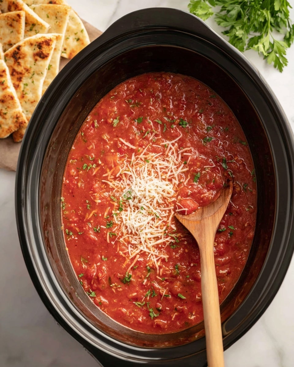 A black slow cooker holds a thick red tomato sauce with visible chopped tomatoes and herbs mixed in, topped with a layer of shredded white cheese melting slightly on the surface. A wooden spoon with a smooth handle is placed inside the slow cooker, partly submerged in the sauce. To the top left, pieces of toasted, golden flatbread rest on the white marbled surface, and fresh green parsley is visible in the upper right corner, adding a touch of freshness. The whole scene is bright and clean with natural light. photo taken with an iphone --ar 4:5 --v 7