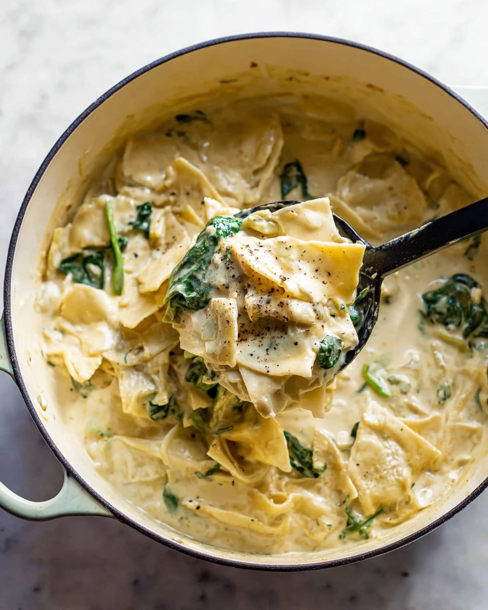 The image shows a large white pot filled with creamy pasta in a thick light beige sauce. The pasta pieces are broad, flat, and slightly ruffled at the edges, layered unevenly throughout the sauce. Bright green leafy vegetables are mixed in, adding small pops of color among the sauce and pasta. A black spoon lifts a spoonful of the pasta and greens, showing the creamy texture and a light sprinkling of black pepper on top. The pot sits on a white marbled surface photo taken with an iphone --ar 4:5 --v 7