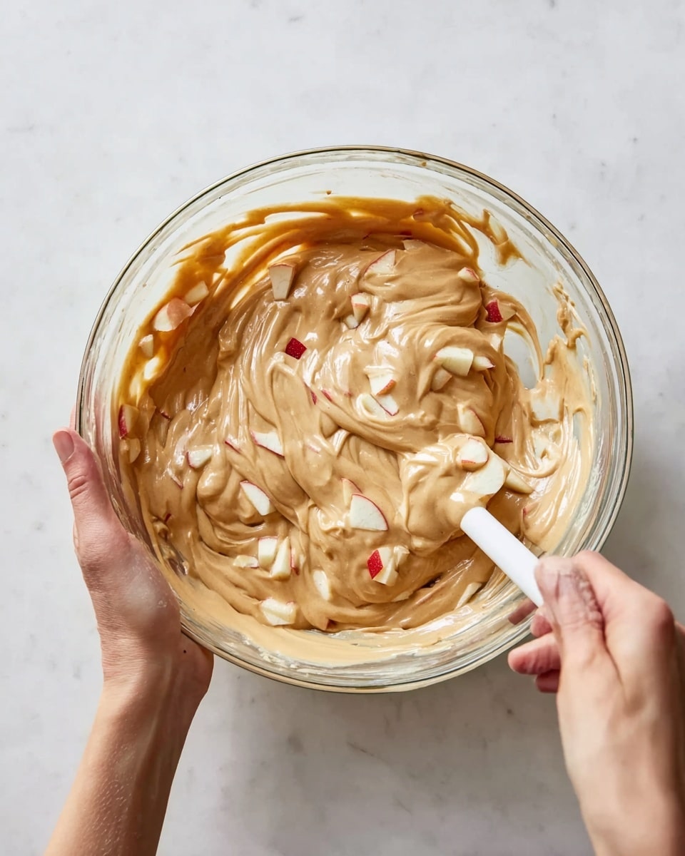 A clear glass bowl filled with a thick, light brown mixture that has visible chunks of red and white apple pieces folded throughout. The mixture has a smooth, creamy texture with swirled peaks and valleys showing where it has been stirred. A woman's hand holds the bowl steady on the left side, while another woman's hand stirs the mixture with a white spatula on the right side. The bowl sits on a white marbled surface, photographed from above for a clean and bright look. photo taken with an iphone --ar 4:5 --v 7