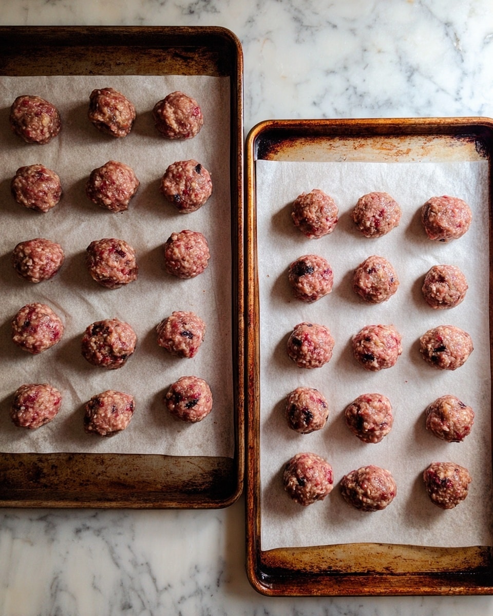 The image shows two baking sheets with parchment paper on top, each holding four rows of small, round raw meatballs evenly spaced in a 4x4 grid on the right and a 5x4 grid on the left. The meatballs are pinkish-brown with small bits of dark and light ingredients mixed in, giving a slightly rough texture. The baking sheets are metallic with some dark brown and rusty spots around the edges. The scene is set on a white marbled surface. Photo taken with an iphone --ar 4:5 --v 7