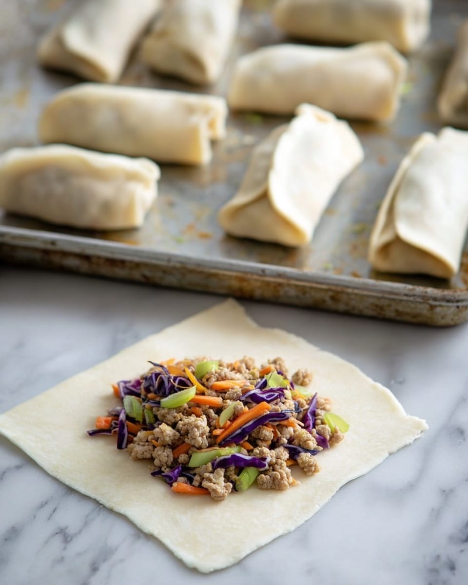 The image shows a white square wrapper laid flat with a filling of minced meat mixed with small pieces of orange carrot, purple cabbage, green onions, and light-colored vegetables placed in the center. In the background, several rolled and folded dumplings rest on a silver baking tray with a slightly worn look. The texture of the wrapper is smooth and thin, and the filling looks moist with a mix of soft and crunchy textures from the vegetables. The whole scene is set on a white marbled surface. Photo taken with an iphone --ar 4:5 --v 7