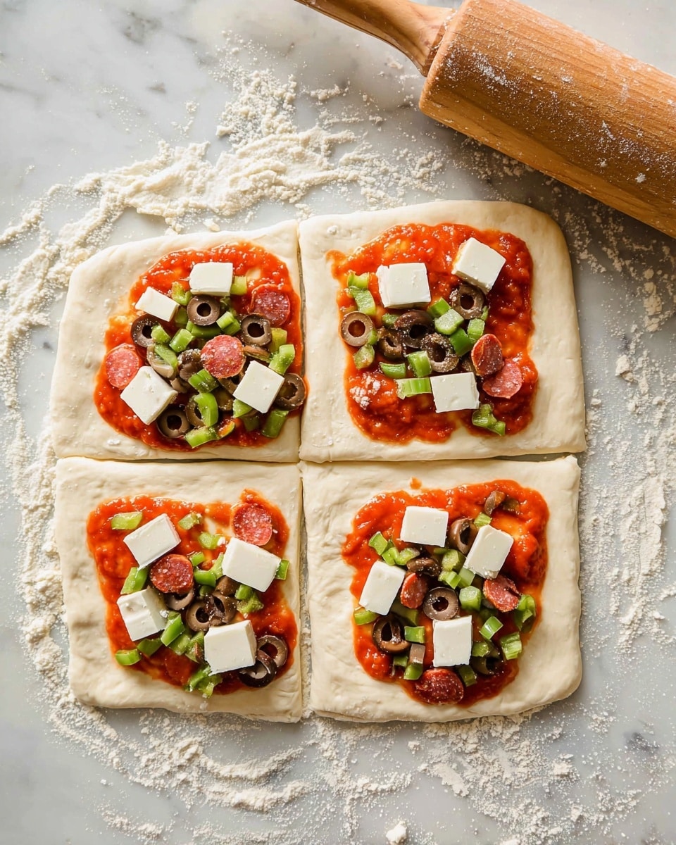 The image shows four square pieces of pizza dough, each topped with a layer of red tomato sauce, small green bell pepper pieces, white cheese cubes, sliced black olives, and tiny round pepperoni slices. The dough squares lie on a floured surface with a wooden rolling pin nearby, all set on a white marbled texture. The toppings are evenly spread in the middle area of each dough square, creating a colorful contrast with the pale dough. photo taken with an iphone --ar 4:5 --v 7