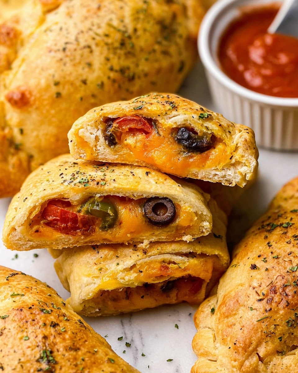 The image shows several golden baked pockets with a slightly crispy texture, stacked on a white marbled surface. The front pocket is cut open, revealing layers inside: melted orange-yellow cheese, red cherry tomato slices, black olives, and small green pepper pieces. The crust is sprinkled with green herbs and has a light brown baked finish. On the right side, there is a white dish filled with red dipping sauce, and part of a woman's hand holding a metal tool is visible near it. Photo taken with an iphone --ar 4:5 --v 7