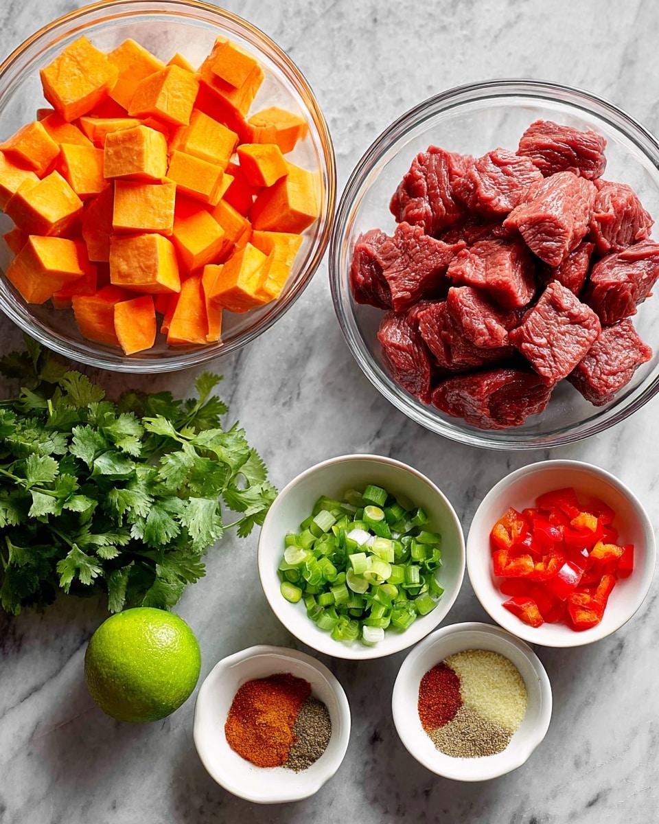 The image shows ingredients for cooking arranged on a white marbled surface. There are two clear glass bowls at the top, one filled with bright orange cubed sweet potatoes and the other with large chunks of raw red beef. Below these, several small white bowls hold different items: one bowl contains small, chopped pieces of red bell pepper; another has chopped green onions with light and dark green parts; and a third bowl displays a mix of ground spices including red, brown, yellow, and beige powders. Off to the left side, there is a small bunch of fresh green cilantro leaves. A whole fresh lime with a textured green skin sits near the middle bottom of the image. The whole setup is clean, colorful and ready for cooking preparation, photo taken with an iphone --ar 4:5 --v 7