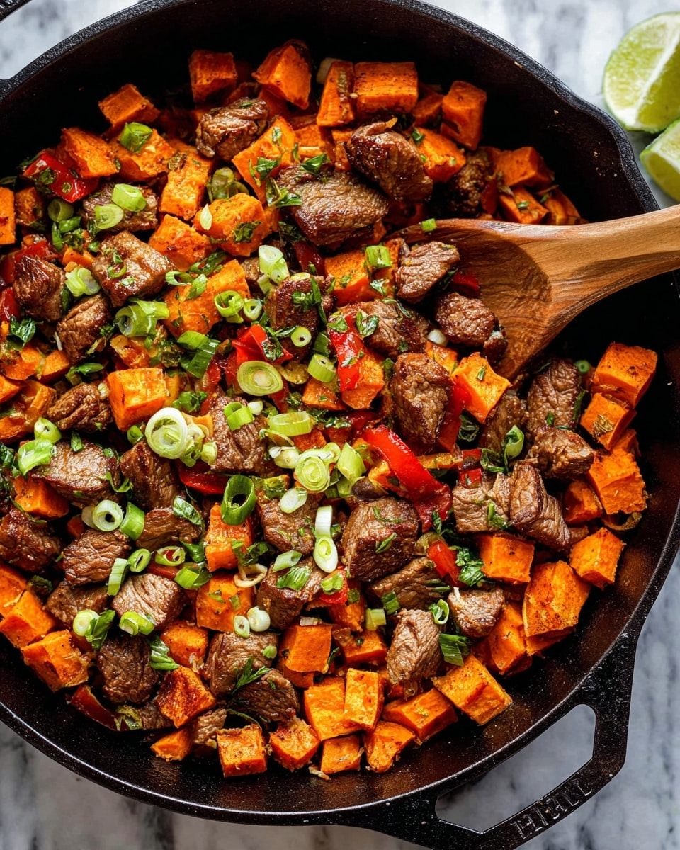 The image shows a black cast iron pan filled with several layers of food. The bottom layer is made of small orange cubes of sweet potato, mixed with small pieces of red bell pepper. On top of this are medium-sized brown chunks of cooked meat. Scattered across the dish are thin slices of green onions and small pieces of green herbs, adding a fresh touch. A wooden spoon is placed inside the pan, partially lifting some of the food. The background features a white marbled texture, enhancing the colors of the dish. photo taken with an iphone --ar 4:5 --v 7