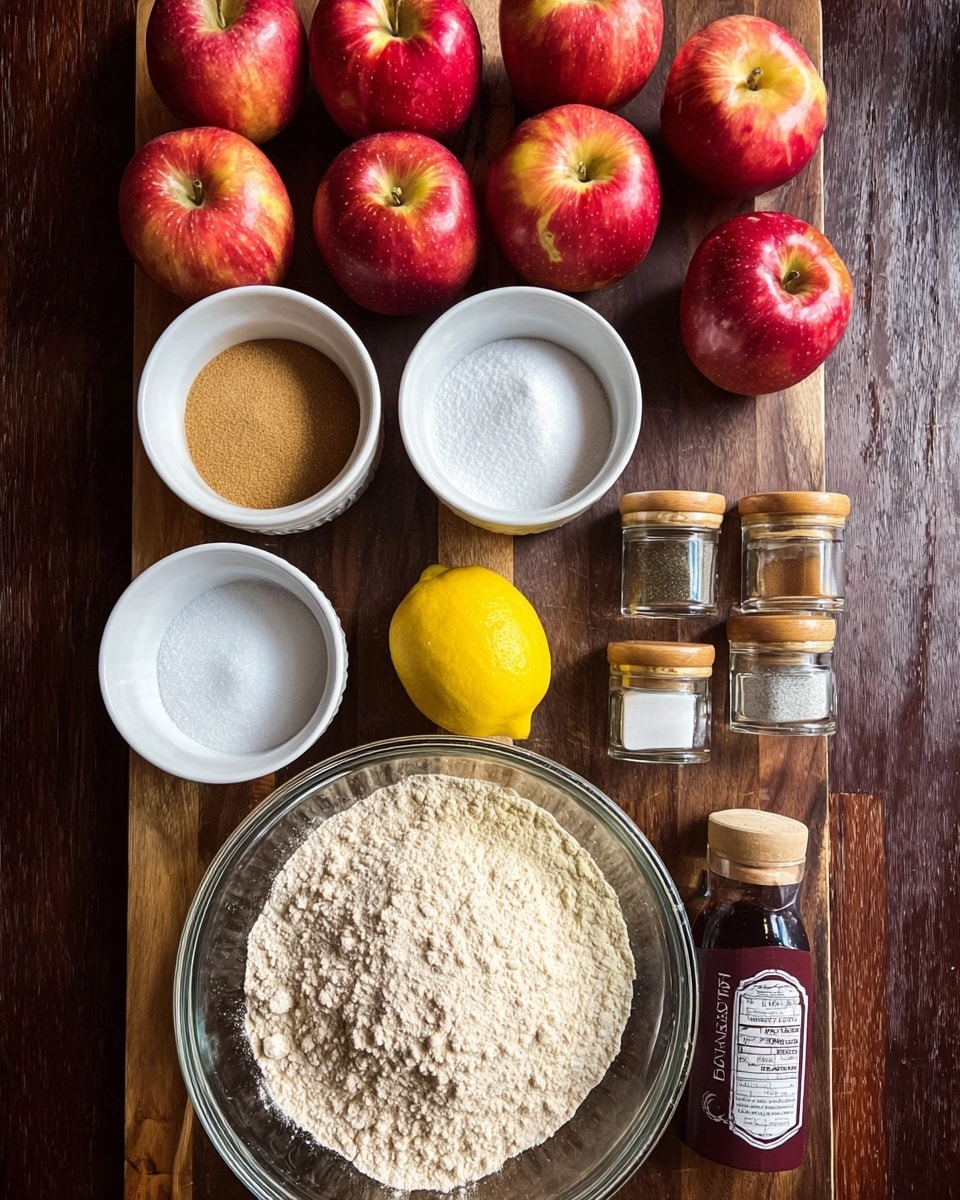 The image shows a cooking setup on a dark wooden surface with a clear glass bowl in the bottom center filled with light beige flour. Above the bowl are three white small bowls arranged vertically; the top bowl contains brown sugar, the middle bowl has white baking powder or baking soda, and the bottom bowl holds white granulated sugar. At the top of the image, there are five whole red apples spaced out in a row. A yellow lemon is placed in the middle between the bowls and the apples. To the right of the lemon, there are four small spice jars with wooden lids, arranged in a loose grid with three clear bottles and one dark bottle that has a maroon and white label. The background is a white marbled texture. photo taken with an iphone --ar 4:5 --v 7