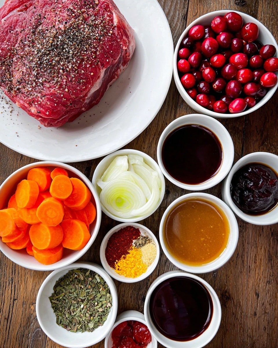 The image shows a top-down view of various food ingredients arranged on a wooden surface. There is one large white plate with a big raw meat piece seasoned with black pepper on the left side. Around the meat, there are several small white bowls filled with different foods: bright orange carrot slices, whole fresh red cranberries, smooth dark red sauce, glossy brown liquid, medium white onion slices, mixed dried herbs with yellow minced garlic and red pepper flakes, a small amount of red paste, and three bowls with different dark sauces. All bowls and plate are placed close together, showing vibrant colors and textures against the wooden surface. photo taken with an iphone --ar 4:5 --v 7