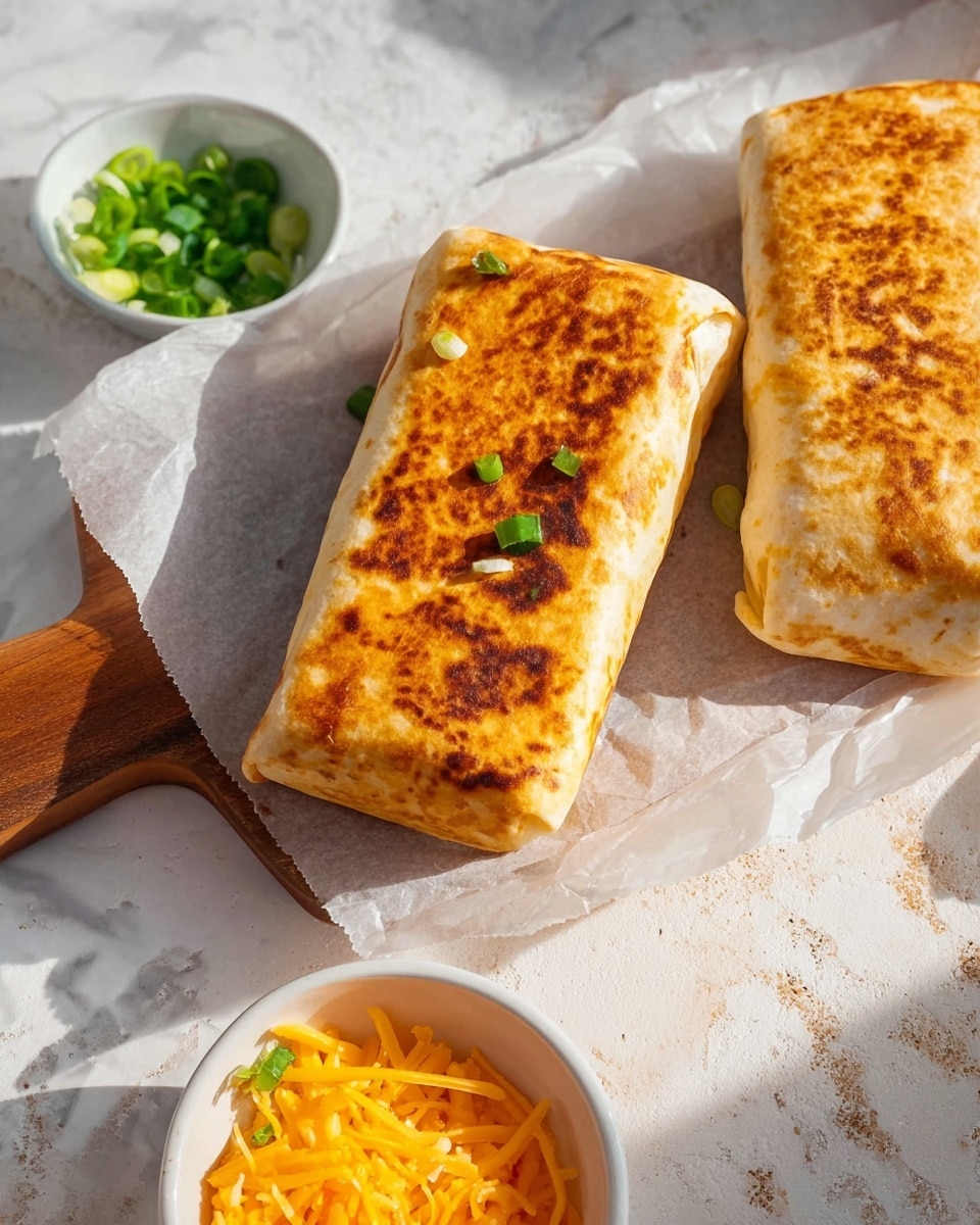 Two rectangular burritos with a golden-brown grilled surface are placed on white parchment paper over a wooden tray. One burrito is closer, fully visible, showing a warm crispy texture with a few small green pieces on top. The other burrito is positioned behind it, partially visible, showing similar grilling marks. To the side, there is a small white bowl filled with bright green chopped scallions and another white bowl with shredded orange cheddar cheese. The scene is set on a white marbled surface with soft shadows and natural light. Photo taken with an iphone --ar 4:5 --v 7