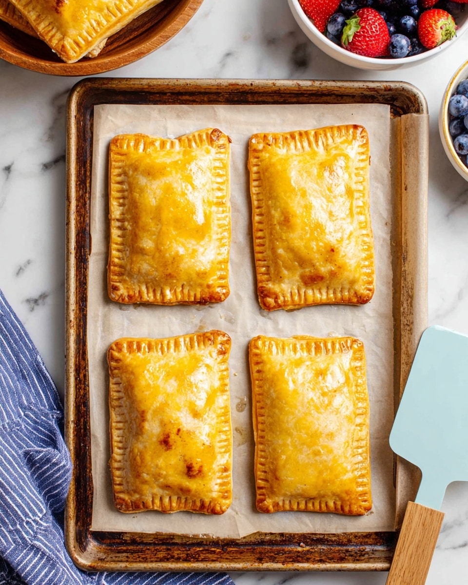 Four golden-brown rectangular pastries with crimped edges lay flat on a baking tray lined with parchment paper. Each pastry has a slightly uneven surface texture, showing a baked, flaky crust with a shiny finish and small browned spots. The tray is set on a white marbled surface, with a wooden bowl containing more pastries partially visible on the top left, and a white bowl filled with strawberries and blueberries near the top right. A blue cloth with white stripes and a pale blue spatula peek in from the bottom left and right edges of the image photo taken with an iphone --ar 4:5 --v 7