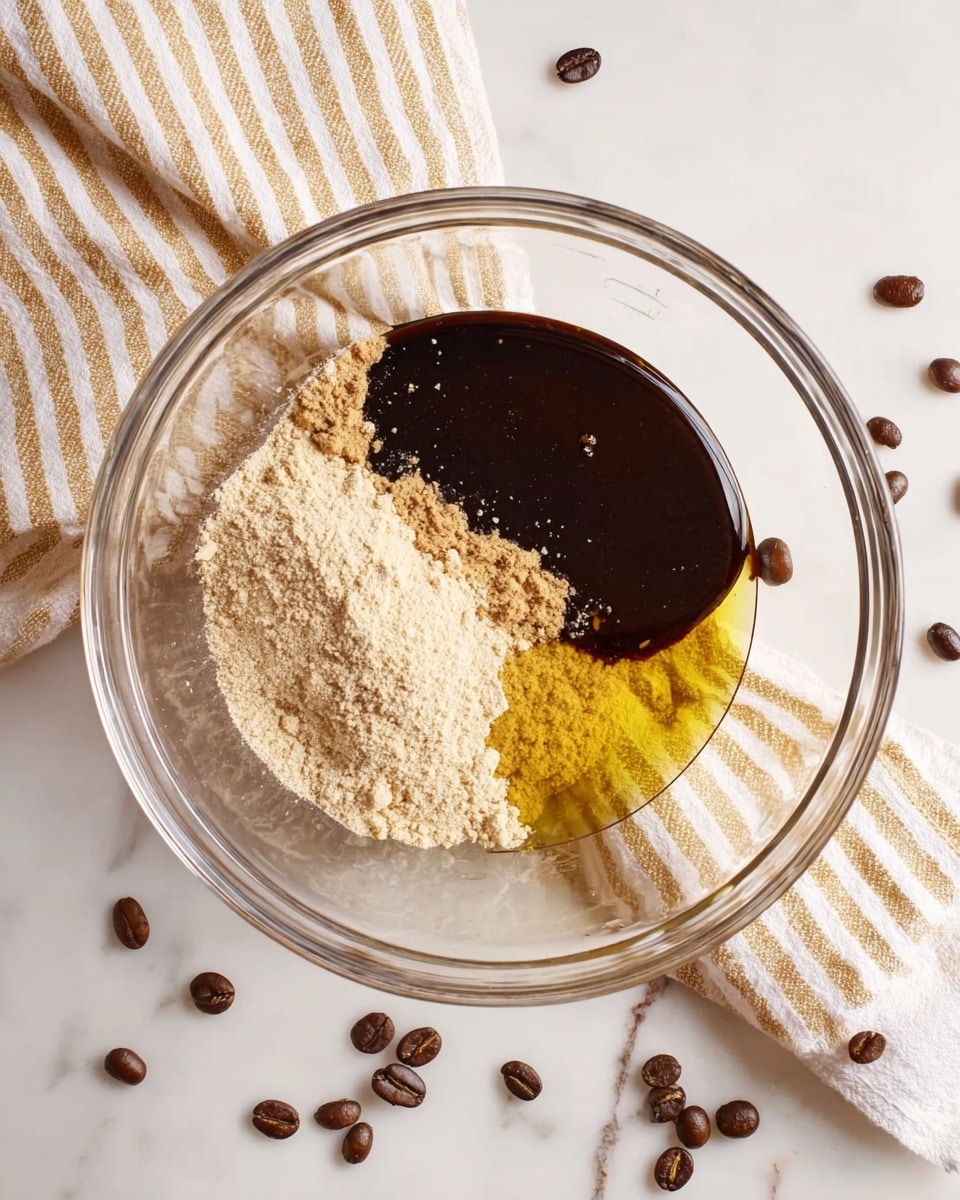 A clear glass mixing bowl sits on a white marbled surface with a beige and white striped cloth underneath. Inside the bowl are three layers of ingredients: in the top left, a glossy dark brown liquid, resembling coffee or a syrup; next to it on the bottom right, a fine light beige powder; and along the left side, a golden yellow liquid, almost like melted butter or oil. Scattered coffee beans are placed around the bowl on the white marbled surface. Photo taken with an iphone --ar 4:5 --v 7