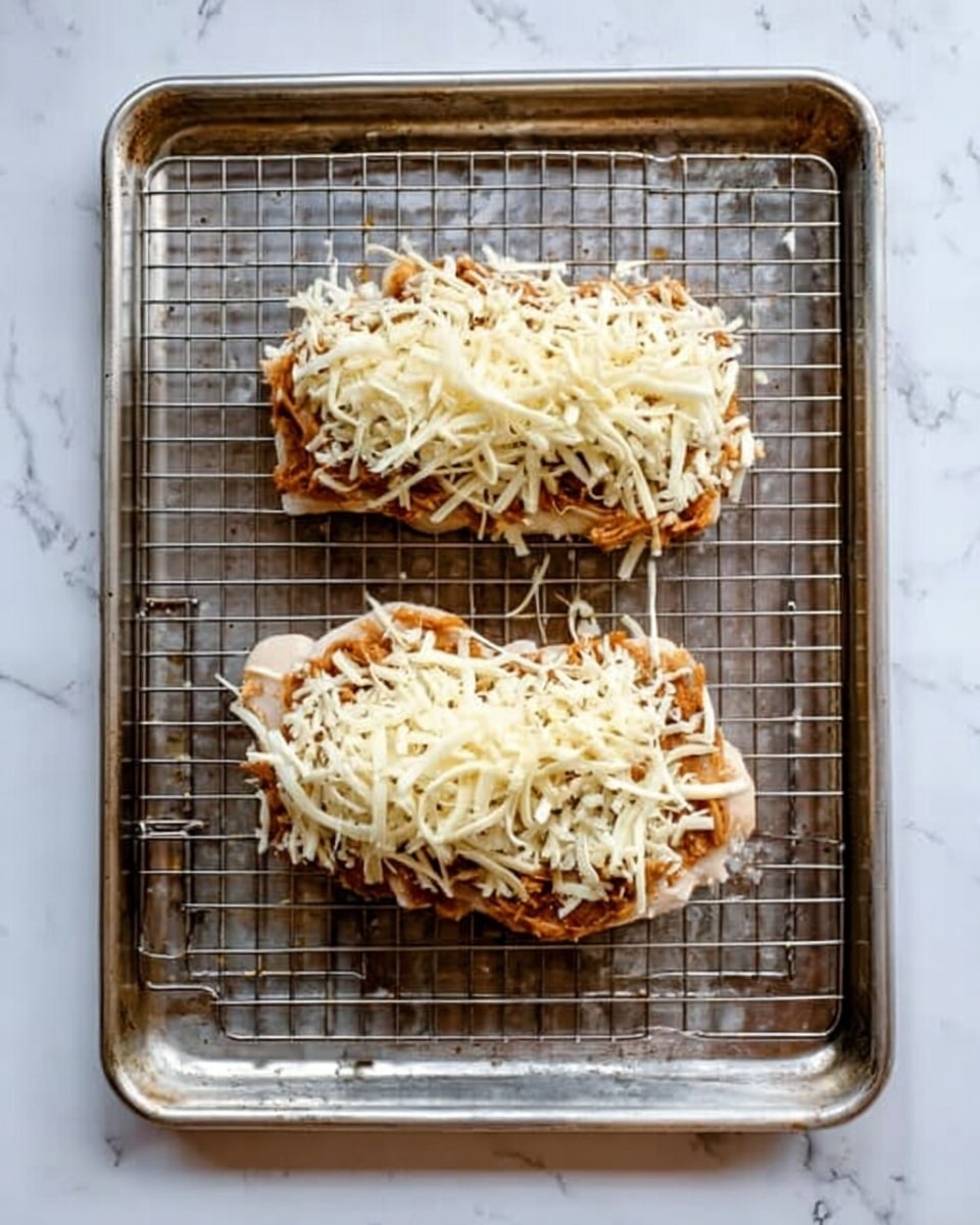 Two open-faced sandwiches sit on a silver wire rack above a metal baking tray. Each sandwich has two main layers: a base of toasted bread with a golden-brown texture, topped with a thick layer of pulled or shredded brown meat. The top layer is a generous amount of shredded white cheese spread unevenly over the meat. The scene is set against a white marbled surface, photo taken with an iphone --ar 4:5 --v 7