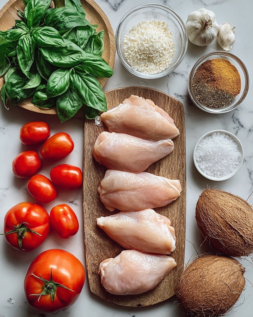 A wooden board holds five pieces of raw pale pink chicken laid out in two rows; around it, on a white marbled surface, there are fresh bright green basil leaves spread on a wooden plate and loose beside it, a glass bowl with light brown spices, whole white garlic bulbs and cloves, three brown coconuts, several ripe red tomatoes of different sizes, and a small white bowl filled with coarse white salt photo taken with an iphone --ar 4:5 --v 7