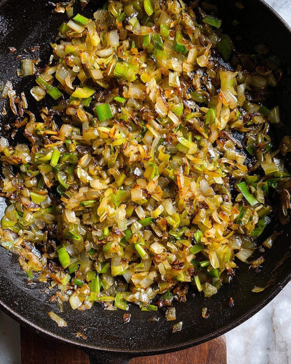 A close-up top view of a black cast iron pan filled with small chopped onions and greenish leeks that are softened and caramelized, showing a mix of golden brown, light green, and translucent colors with a shiny oily texture. The pan rests on a white marbled surface with a wooden part visible underneath. The caramelized vegetables cover most of the pan’s surface unevenly, with a few bits more browned around the edges. Photo taken with an iphone --ar 4:5 --v 7