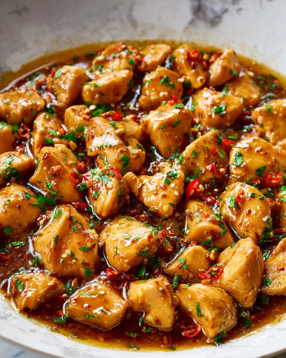 The image shows many small pieces of light golden brown chicken cooked in a thick, shiny brown sauce with a slightly glossy texture. The chicken pieces are cut into chunks and spread evenly in the sauce. There are small green herb bits sprinkled on top along with red chili flakes, adding color contrast to the dish. The background has a white marbled texture which makes the dish stand out clearly. photo taken with an iphone --ar 4:5 --v 7