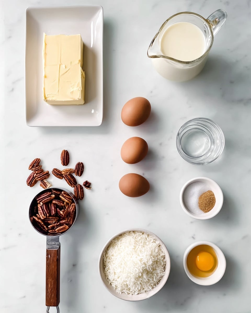 The image shows several baking ingredients arranged neatly on a white marbled surface. On the top left, there is a white rectangular plate holding two flat pieces and one block of pale yellow butter. To the right of the plate, there is a clear glass measuring jug filled with cream. Below the butter, three brown eggs are placed in a vertical line. At the bottom left, there is a metal measuring cup with a wooden handle filled with pecans, with a few pecans spilled next to it. To the right of the pecans, there is a white bowl filled with shredded white coconut. On the right side of the image, starting from the top, there is a clear glass with some water, a small white bowl holding light brown sugar, and another small white bowl containing an egg yolk. Photo taken with an iphone --ar 4:5 --v 7