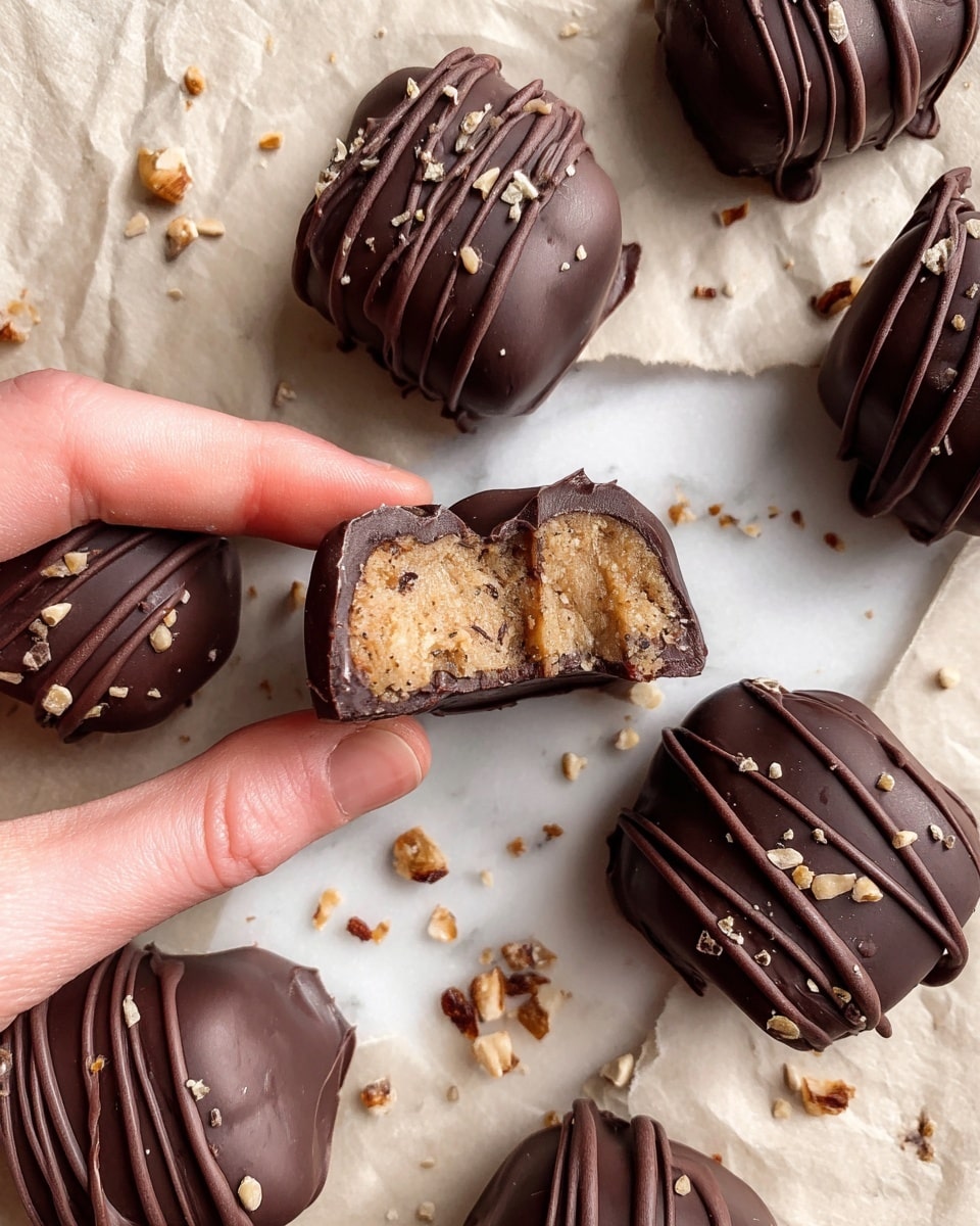 The image shows several chocolate-covered candies placed on a beige paper sheet on a white marbled texture surface. Each candy has a dark chocolate outer layer with smooth drizzles of chocolate on top. One candy is held by a woman's hand and is broken in half, revealing a soft, light brown filling with small crunchy bits inside. Around the candies, small crumbs and seeds are scattered, creating a natural and slightly rustic look. photo taken with an iphone --ar 4:5 --v 7