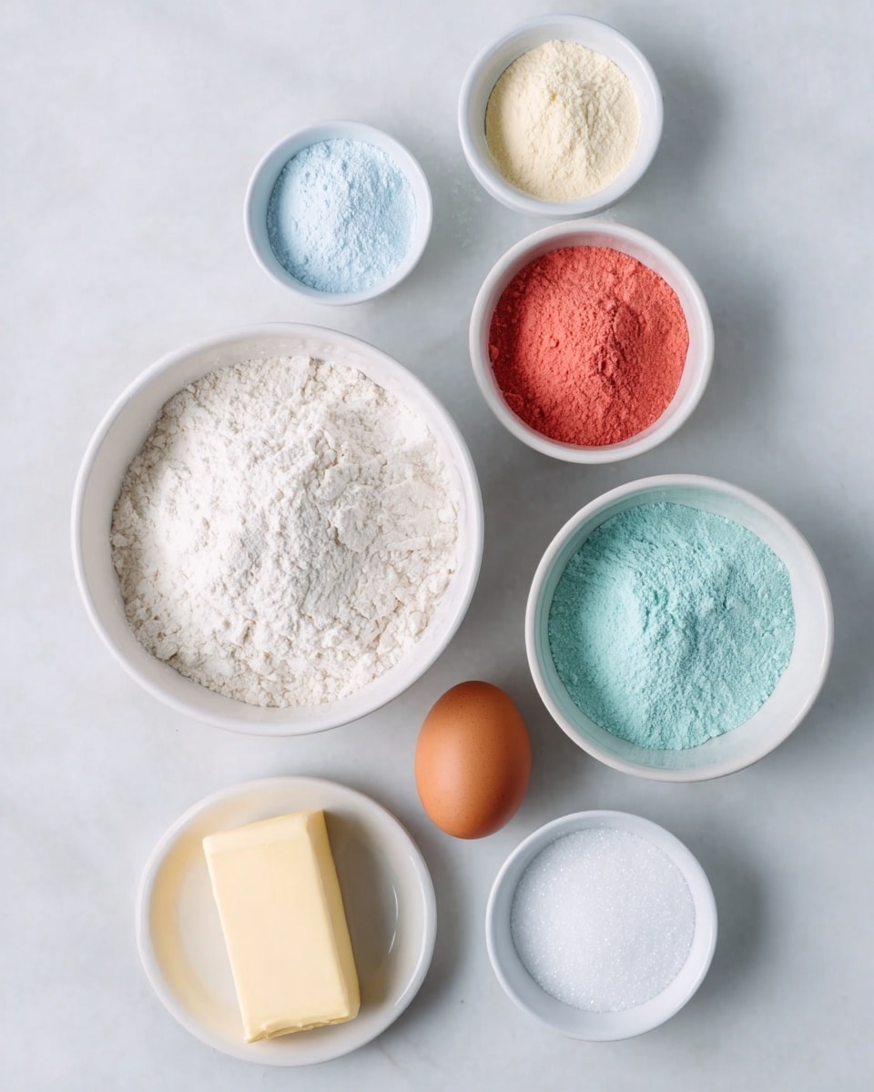 A set of seven small white bowls arranged in a loose circle at the top, each filled with different colored powders: white, light blue, cream, red, pale pink, and two shades of turquoise blue. Below them is a larger white bowl full of white flour with a slightly uneven surface. To the right of this bowl is a small white bowl holding one brown egg. Below the flour bowl, on the white marbled surface, is a bar of pale yellow butter placed next to a small white bowl filled with white granulated sugar. All items are neatly arranged and evenly spaced on a clean, white marbled background. The photo taken with an iphone --ar 4:5 --v 7