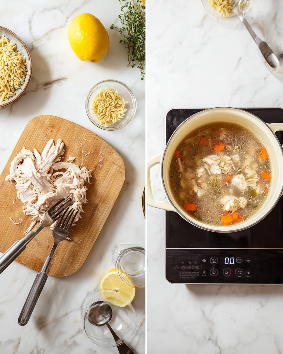 The image shows two scenes side by side on a white marbled surface. On the left, there is a light wooden cutting board with a whole cooked chicken piece being shredded with two forks. Above the cutting board is a yellow lemon and a small bunch of green herbs. On the right, there is a white pot placed on a black induction stove with a digital display. Inside the pot, there is a soup with clear broth, visible shredded chicken pieces, small orange carrot chunks, and a pile of uncooked orzo pasta sitting on top. Nearby on the surface, another lemon, some green herbs, a transparent measuring cup, and a fork are scattered around. Photo taken with an iphone --ar 4:5 --v 7