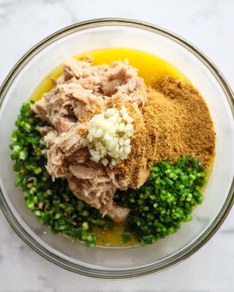 A clear glass bowl with multiple ingredients placed separately inside it, arranged in distinct sections. There is a light beige creamy layer of shredded meat or tuna at the bottom center, surrounded by a bright yellow liquid layer on the right side. Above the meat and liquid, there is a light brown powder layer, and next to it, finely chopped green onions form a vivid green section. In the very center of the bowl, finely minced white garlic sits on top of the green onions, with a slight sprinkling of a darker brown powder over the garlic and onions. The bowl is on a white marbled surface. photo taken with an iphone --ar 4:5 --v 7