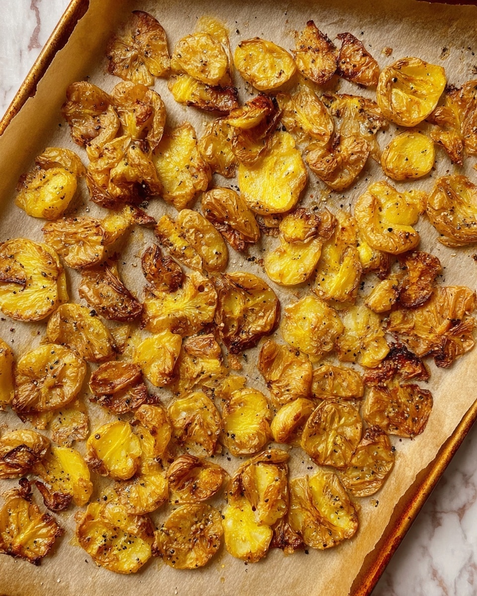 The image shows a baking tray with many small pieces of crushed roasted potatoes spread out on parchment paper. The potatoes have a rough texture with both golden yellow soft parts and crispy, brown edges. The skin of the potatoes is wrinkled and crisp, with some dark spots from roasting. The parchment paper is light beige, and the baking tray edges are slightly visible. The background is a white marbled texture. photo taken with an iphone --ar 4:5 --v 7