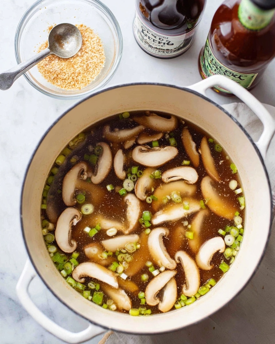 A white pot filled with a clear dark brown broth showing many sliced light brown mushrooms with darker edges floating on top along with small chopped bright green scallions. Around the pot, on a white marbled surface, are three containers: a small clear glass bowl with light brown flakes, a small metal container with beige powder and a silver measuring spoon inside, and two bottles with white and blue labels. The photo taken with an iphone --ar 4:5 --v 7