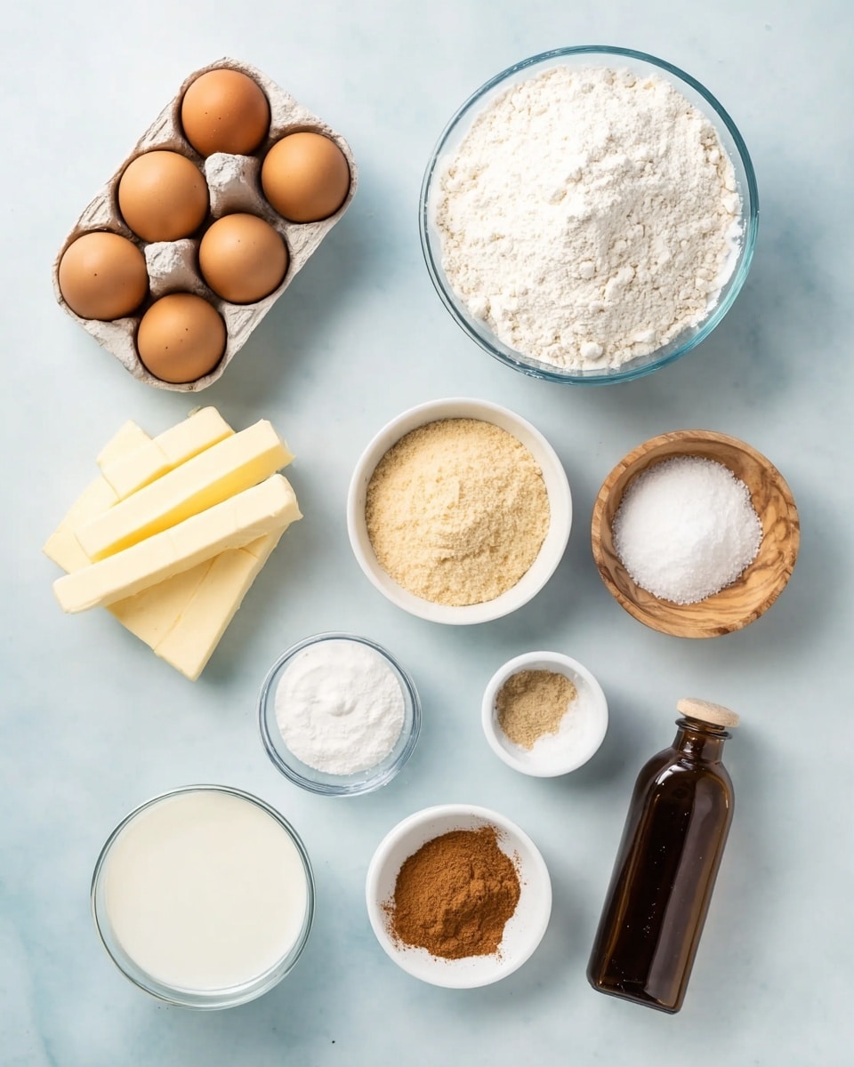 A top view of baking ingredients on a smooth white marbled surface: three brown eggs sit in an open carton in the top left corner, next to two rectangular pale yellow sticks of butter with a slight shine placed side by side. To the right, a large clear glass bowl is filled with white flour, showing a slightly uneven surface texture. Below the butter, a small clear glass bowl of creamy white liquid sits. Near the bottom, a small white bowl holds cinnamon powder with a warm reddish-brown color, next to a larger white bowl filled with white powdered sugar that looks fluffy. To the right of the powdered sugar, a white bowl contains light brown soft brown sugar, piled high with a slightly sticky texture. Above these, a small clear glass bowl with white granulated salt and a tiny wooden bowl with white crystals are placed side by side. A small amber-colored bottle with a black top stands nearby. The light blue background adds soft contrast to the bright ingredients. Photo taken with an iphone --ar 4:5 --v 7