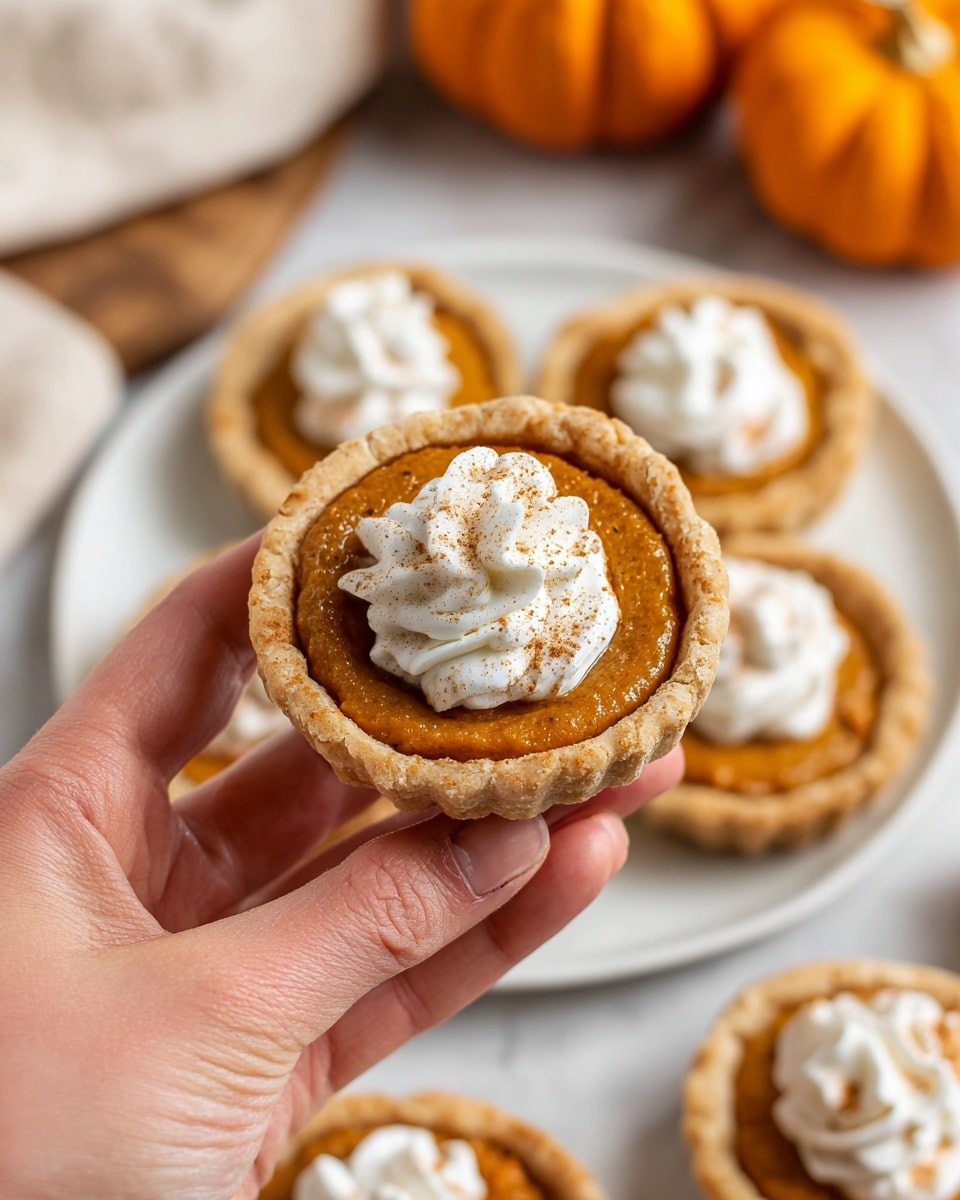 Three small pumpkin tarts sit on a round white plate with brown speckles and a brown rim, placed on a white marbled surface. Each tart has a thick, crumbly light brown crust forming a shallow bowl shape. Inside the crust is a smooth, rich orange pumpkin filling that fills the center evenly. On top of each pumpkin layer is a swirl of white whipped cream with soft peaks, sprinkled lightly with brown cinnamon powder. The tarts sit close together, filling most of the plate. Photo taken with an iphone --ar 4:5 --v 7
