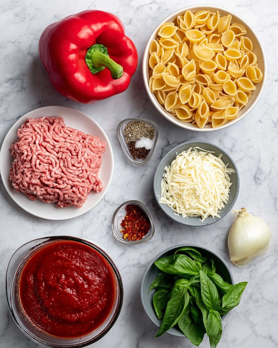 The image shows several uncooked ingredients arranged on a white marbled surface. On the top right, there is a white bowl filled with yellow dry shell pasta. Above it, a clear glass cup holds a thick red tomato sauce. To the left of the sauce is a whole red bell pepper. Below the bell pepper, shredded pale yellow cheese sits in a small white bowl with a smooth texture. Next to the cheese, a small white dish contains three spices: pink salt, dried green herbs, and red chili flakes. On the bottom left, a white plate holds a rectangular block of raw ground meat with visible ridged lines. Toward the bottom right, there is a whole light brown onion with smooth skin and two peeled garlic cloves. Finally, a small white bowl containing fresh green basil leaves is placed near the onion. Photo taken with an iphone --ar 4:5 --v 7